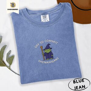 Blue Jean Off to Commit Shenanigans Frog Embroidered T-Shirt