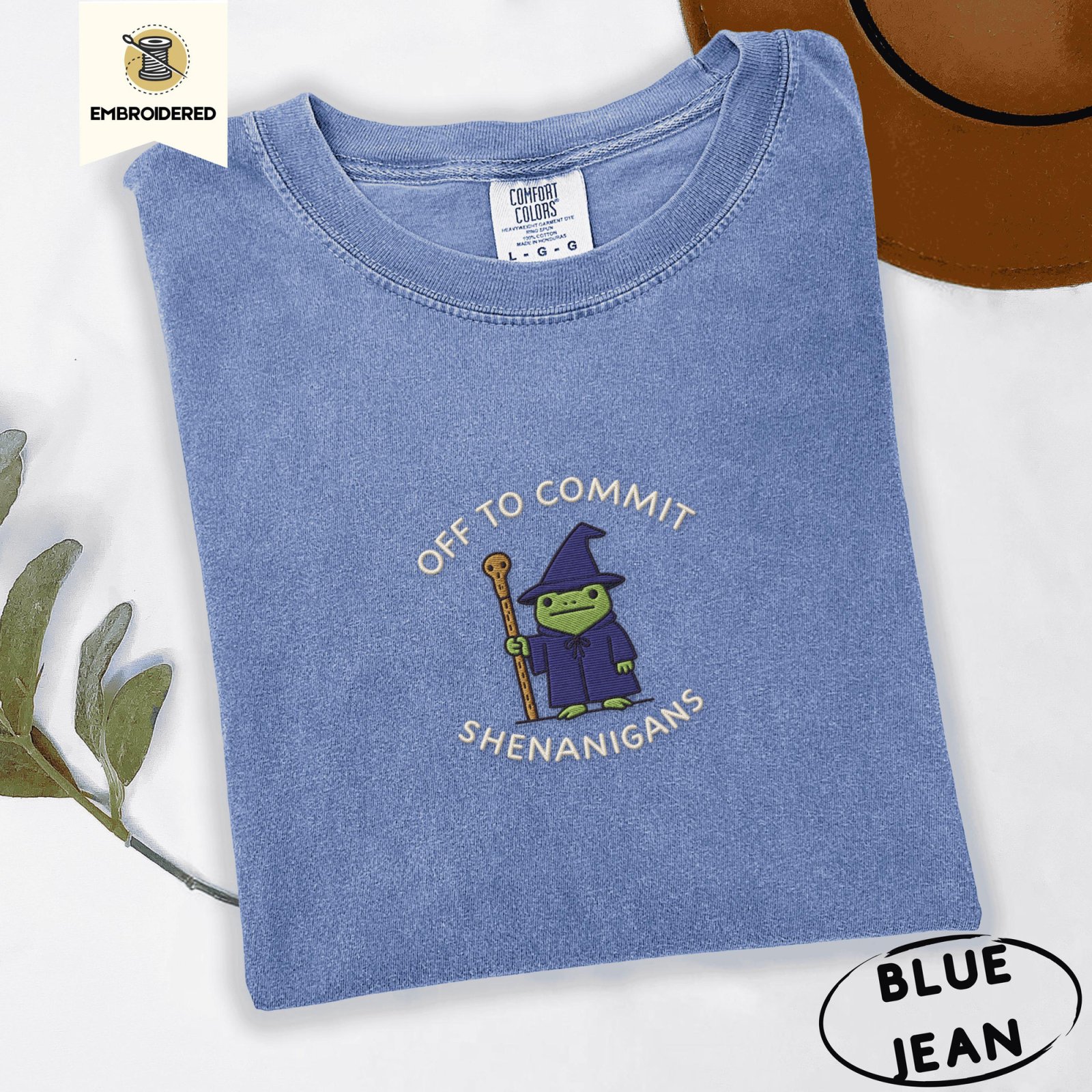 Blue Jean Off to Commit Shenanigans Frog Embroidered T-Shirt
