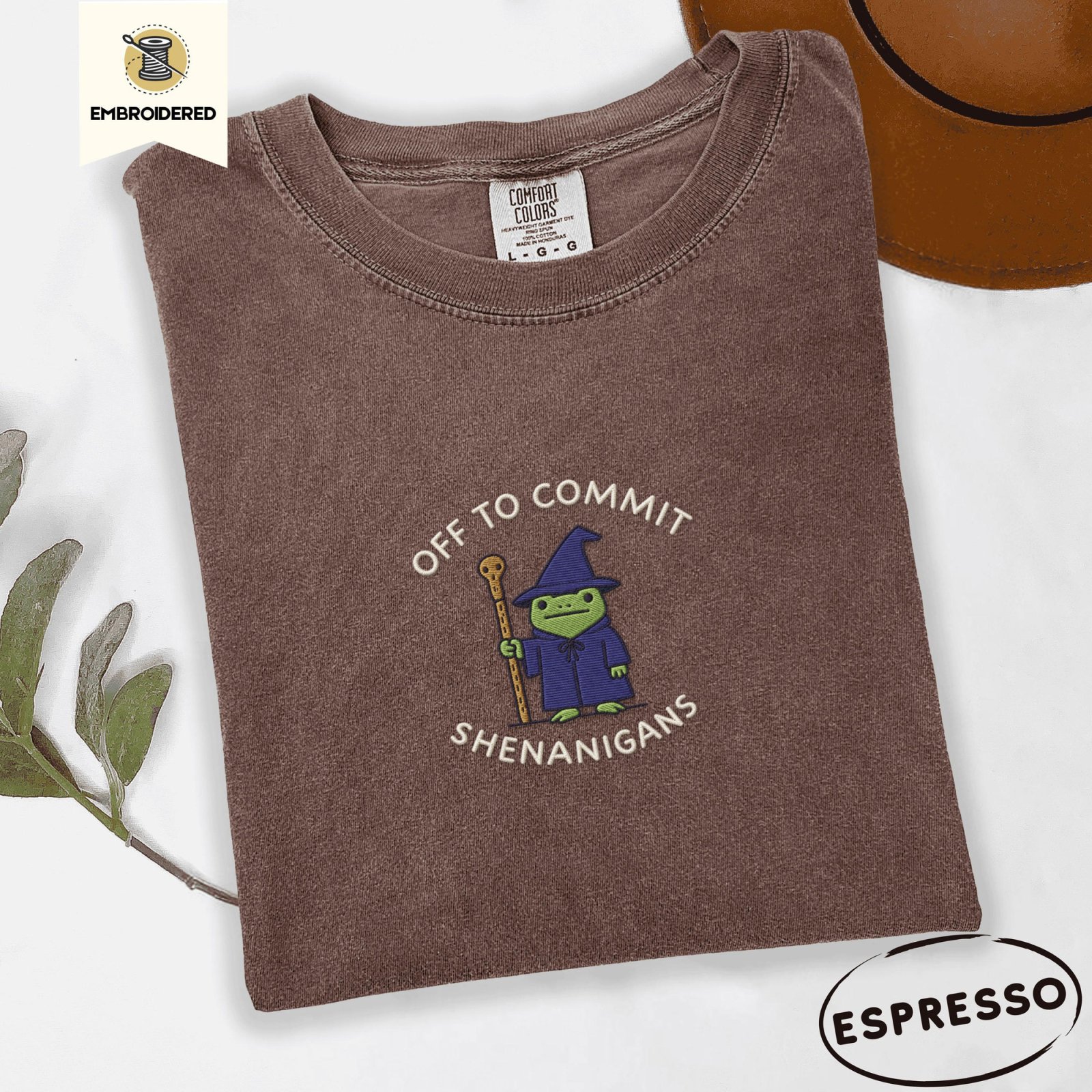 Espresso Off to Commit Shenanigans Frog Embroidered T-Shirt