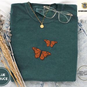 Blue Spruce Orange Butterflies Embroidered T-Shirt
