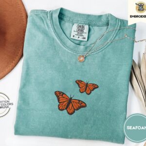 Seafoam Orange Butterflies Embroidered T-Shirt