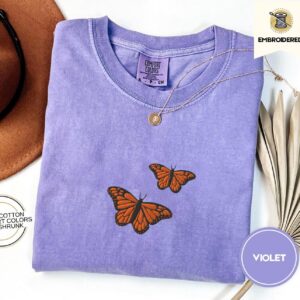 Violet Orange Butterflies Embroidered T-Shirt