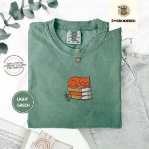 Light Green Orange Cat on Books Embroidered T-Shirt
