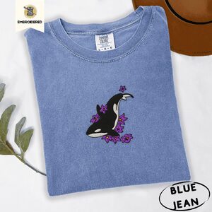 Blue Jean Orca and Lilacs Embroidered T-Shirt