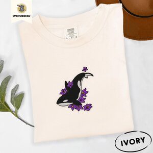 Ivory Orca and Lilacs Embroidered T-Shirt