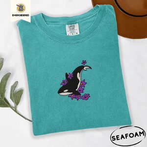 Seafoam Orca and Lilacs Embroidered T-Shirt