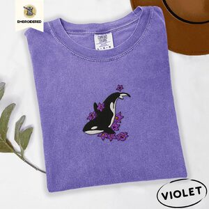 Violet Orca and Lilacs Embroidered T-Shirt