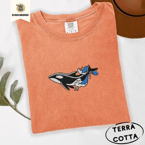 Terracotta Orca and Waves Embroidered T-Shirt