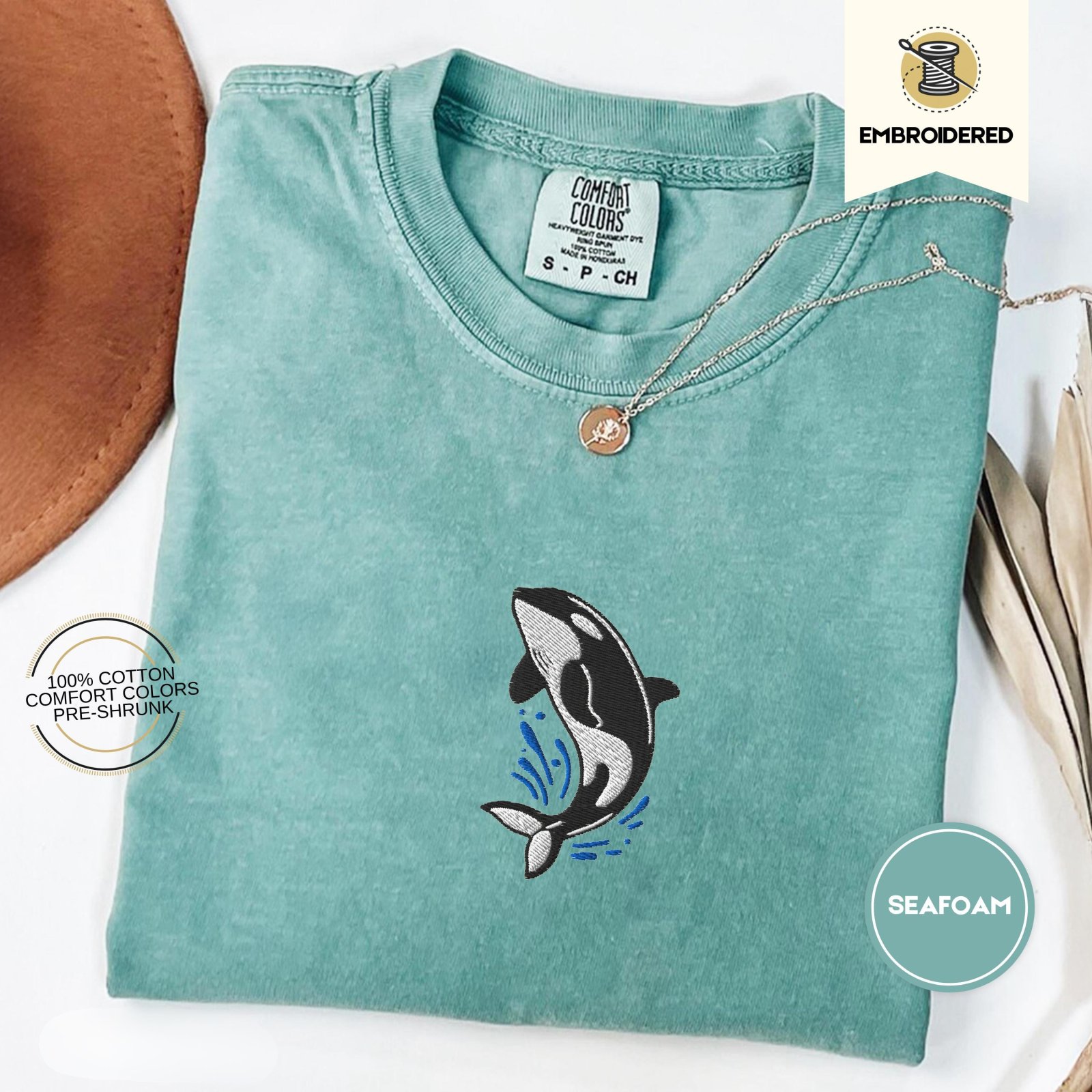 Seafoam Orca Splash Embroidered T-Shirt