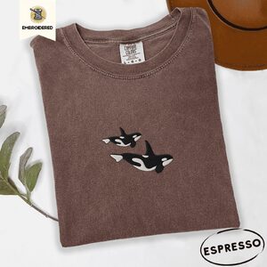 Espresso Orca Whale Pair Embroidered T-Shirt