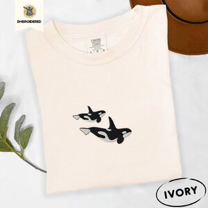 Ivory Orca Whale Pair Embroidered T-Shirt