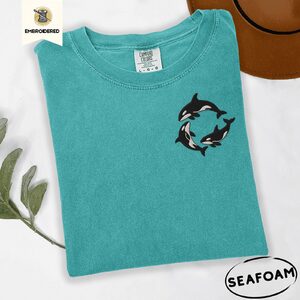 Seafoam Orca Whales Embroidered T-Shirt
