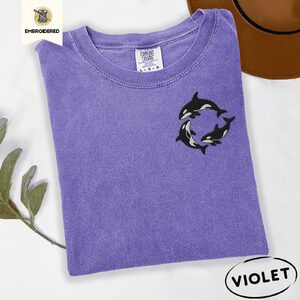 Violet Orca Whales Embroidered T-Shirt