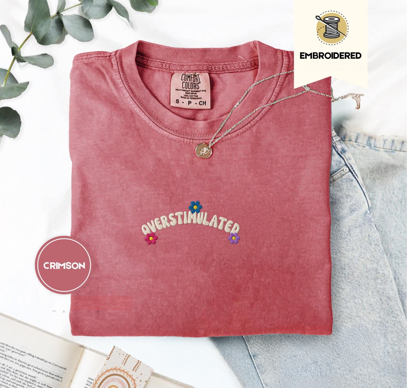Crimson Overstimulated Floral Embroidered T-Shirt