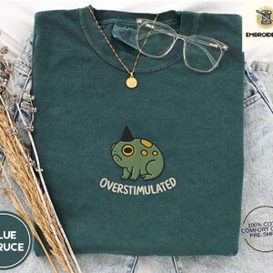 Blue Spruce Overstimulated Frog Embroidered T-Shirt