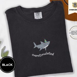 Black Overstimulated Party Shark Embroidered T-Shirt