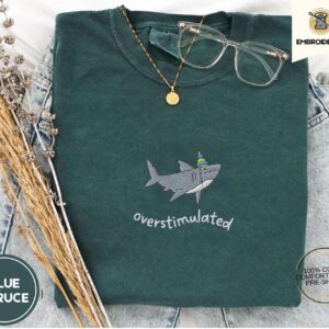 Blue Spruce Overstimulated Party Shark Embroidered T-Shirt