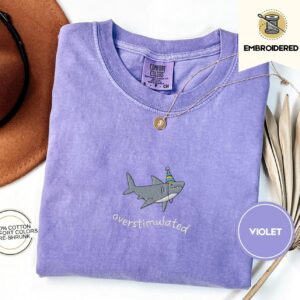 Violet Overstimulated Party Shark Embroidered T-Shirt