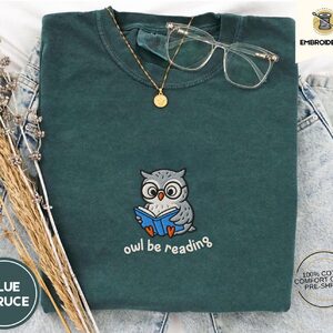 Blue Spruce Owl Be Reading Embroidered T-Shirt