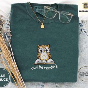 Blue Spruce Owl Be Reading Embroidered T-Shirt