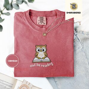Crimson Owl Be Reading Embroidered T-Shirt
