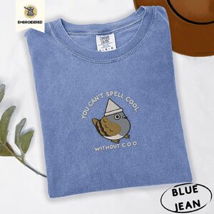 Blue Jean Paper Hat Pigeon Embroidered T-Shirt