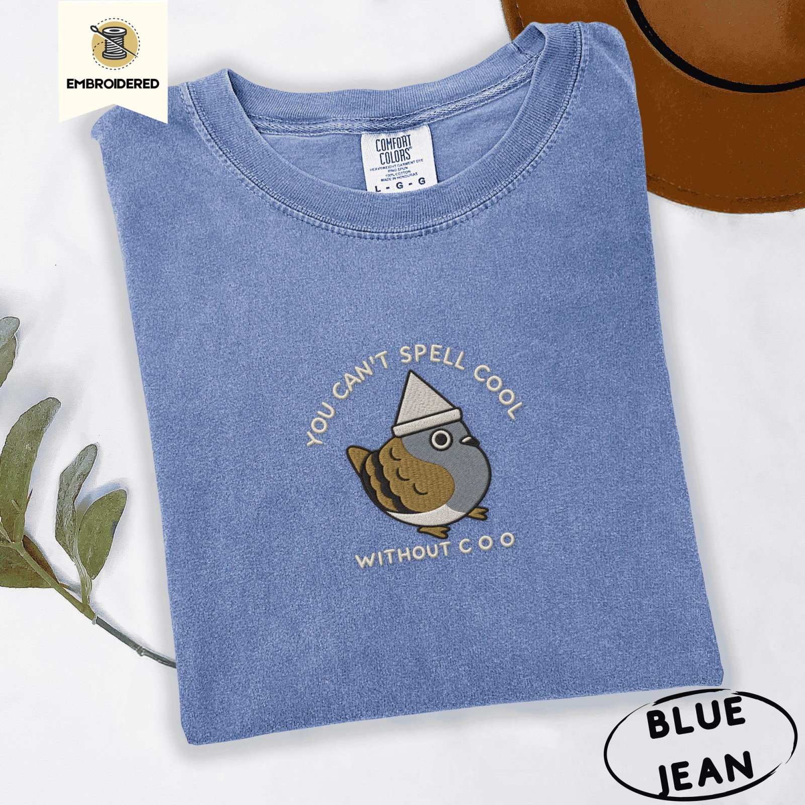 Blue Jean Paper Hat Pigeon Embroidered T-Shirt