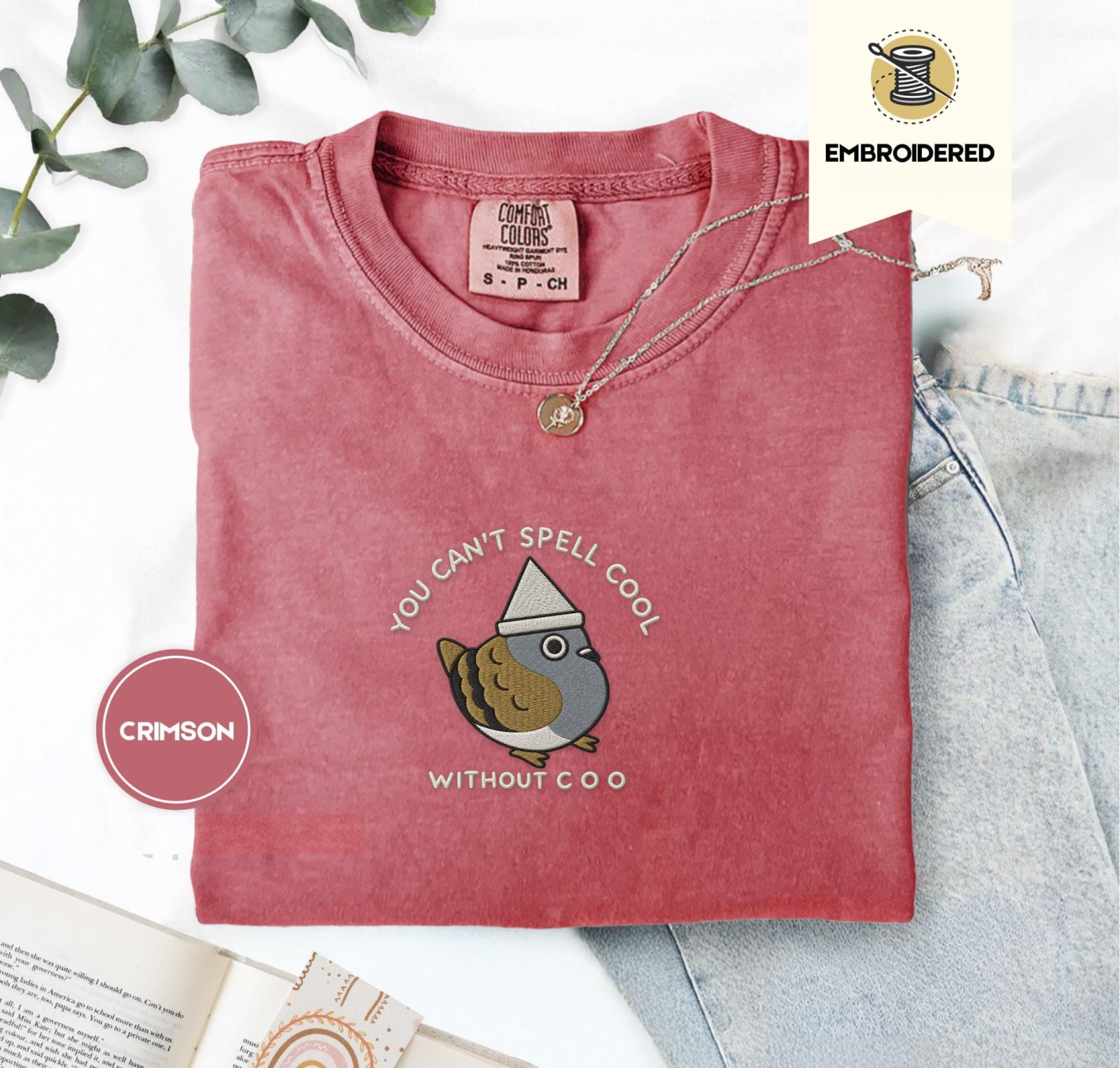 Crimson Paper Hat Pigeon Embroidered T-Shirt
