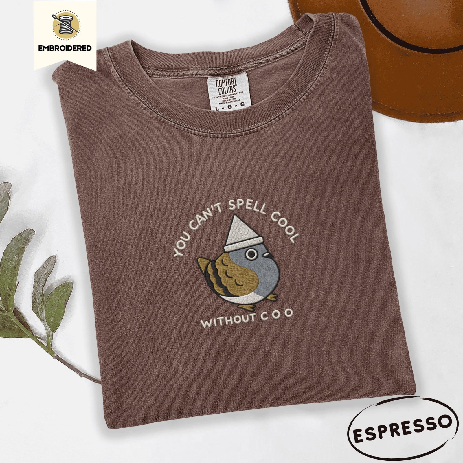 Espresso Paper Hat Pigeon Embroidered T-Shirt