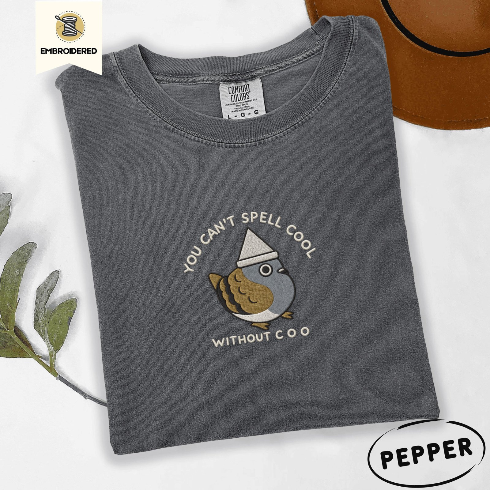Pepper Paper Hat Pigeon Embroidered T-Shirt