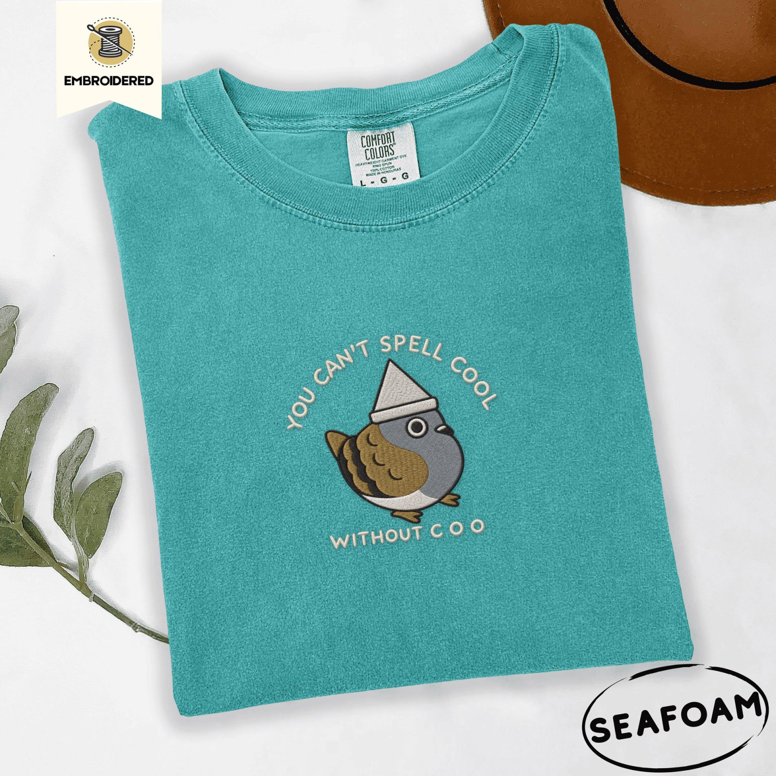 Seafoam Paper Hat Pigeon Embroidered T-Shirt