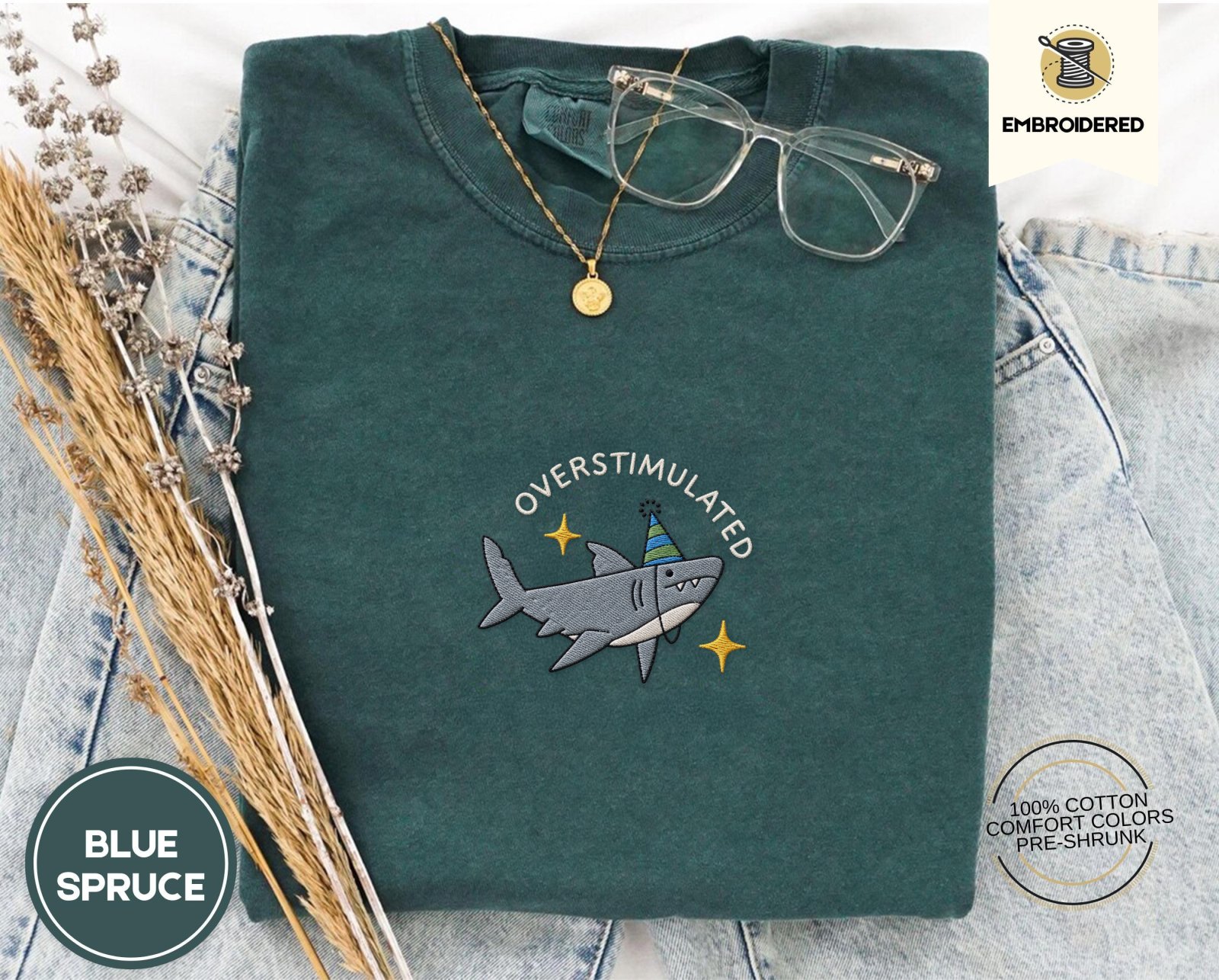 Blue Spruce Party Hat Shark and Stars Embroidered T-Shirt