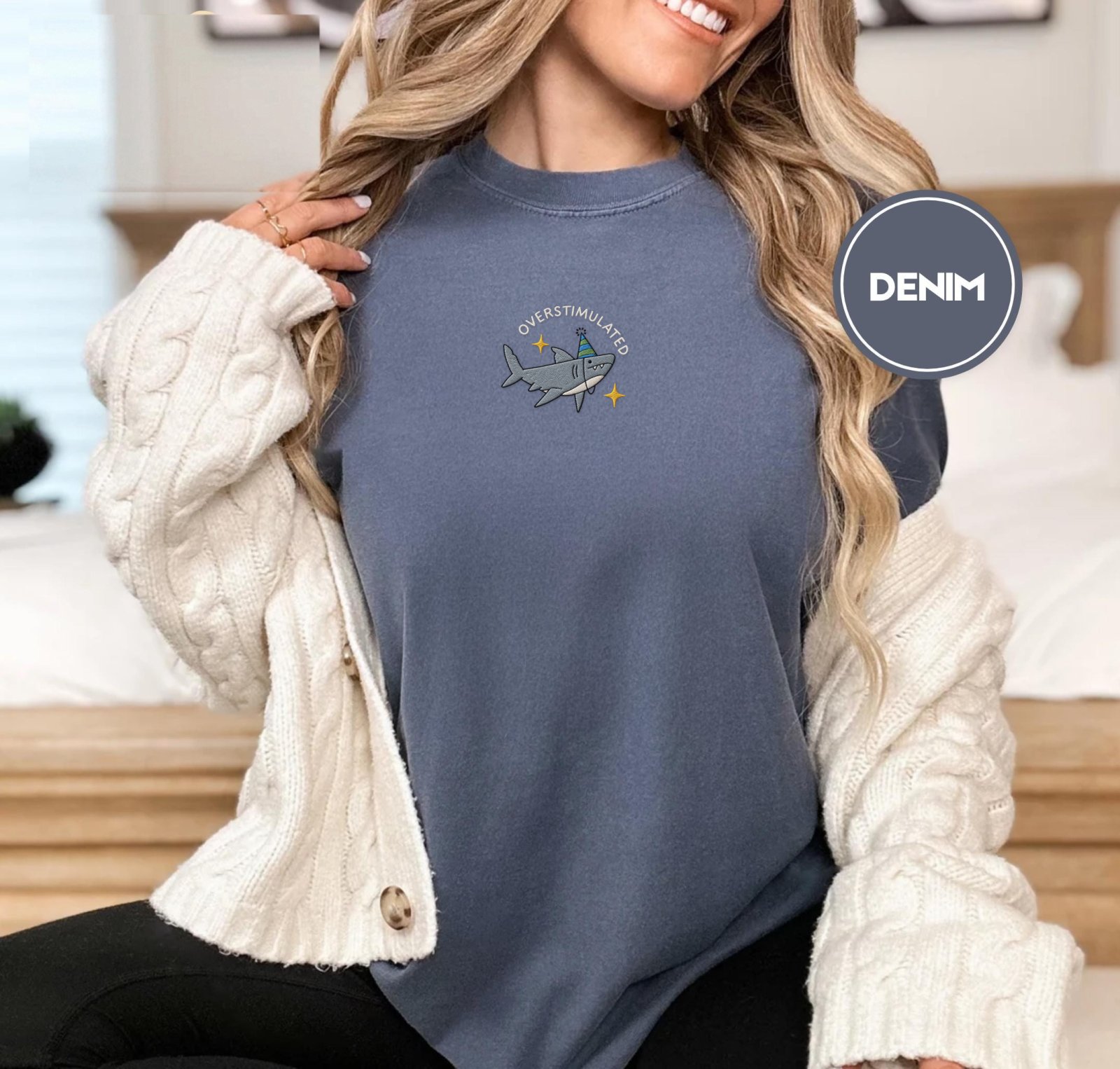 Person wearing a denim Party Hat Shark and Stars Embroidered T-Shirt