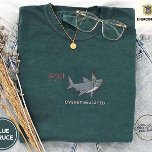 Blue Spruce Party Hat Shark Embroidered T-Shirt