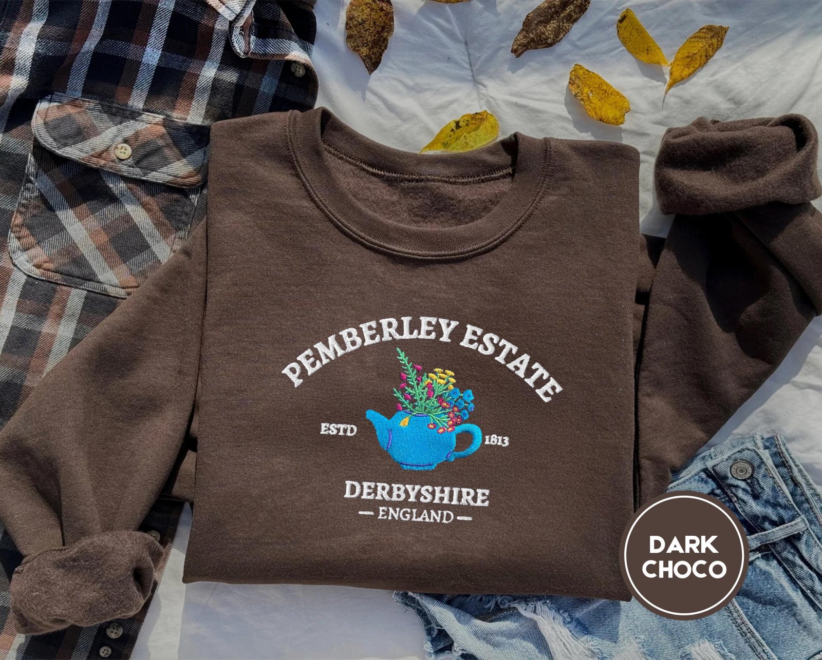 Dark Chocolate Pemberley Estate Floral Teapot Embroidered Sweatshirt