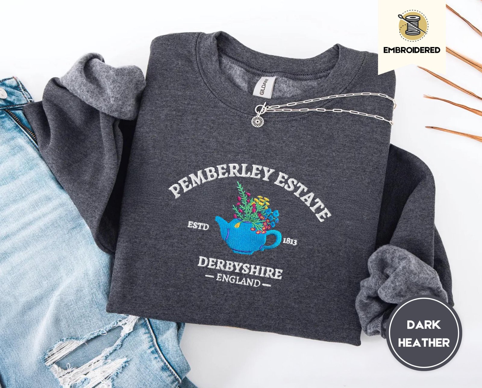 Dark Heather Pemberley Estate Floral Teapot Embroidered Sweatshirt