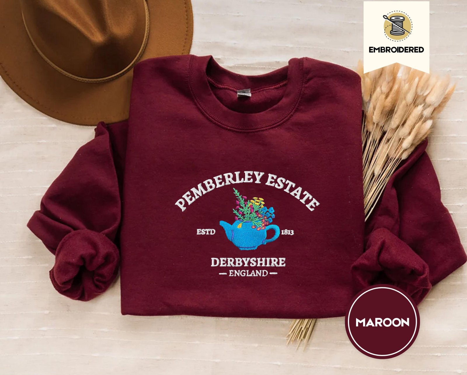 Maroon Pemberley Estate Floral Teapot Embroidered Sweatshirt