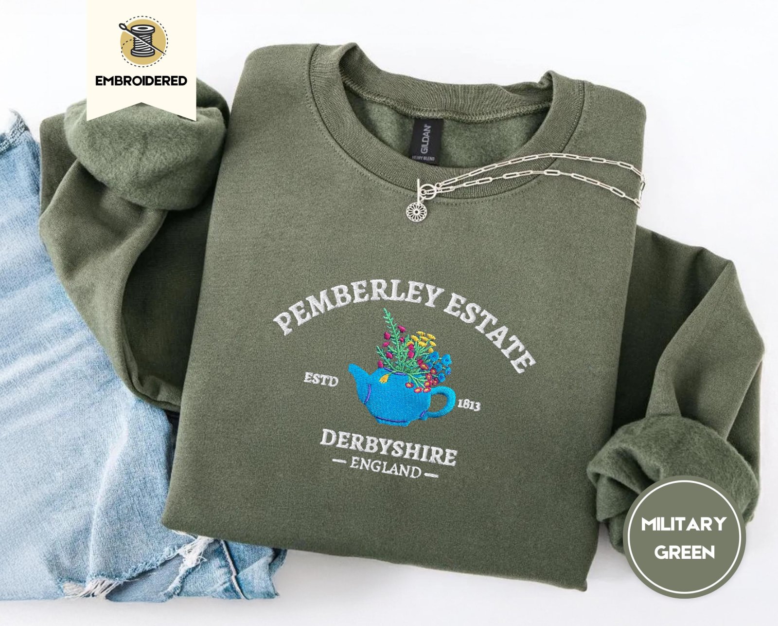 Military Green Pemberley Estate Floral Teapot Embroidered Sweatshirt