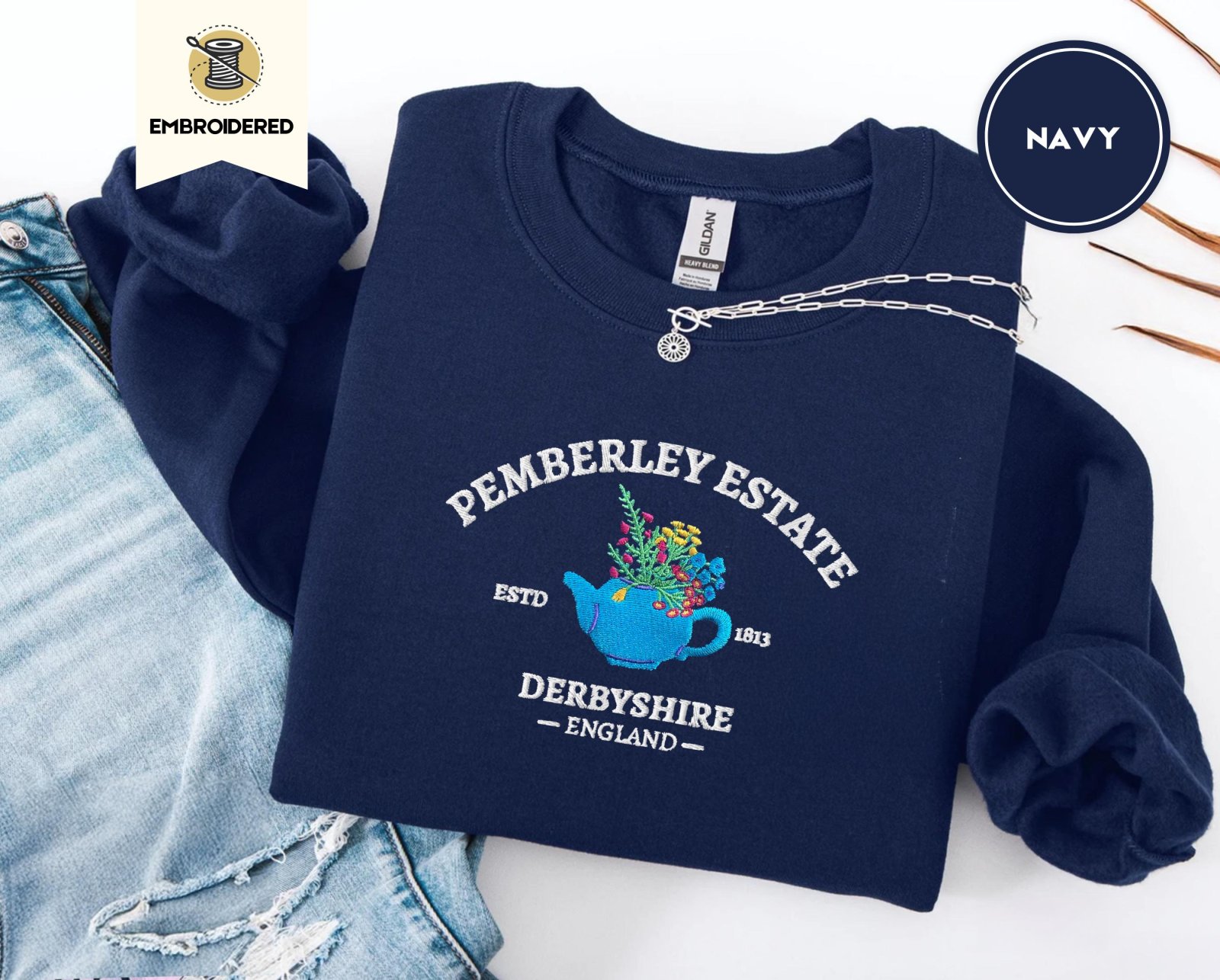 Navy Pemberley Estate Floral Teapot Embroidered Sweatshirt