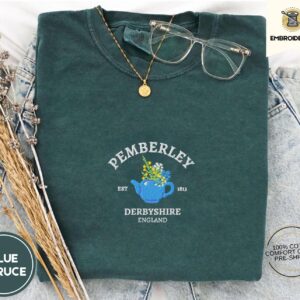 Blue Spruce Pemberley Floral Teapot Embroidered T-Shirt