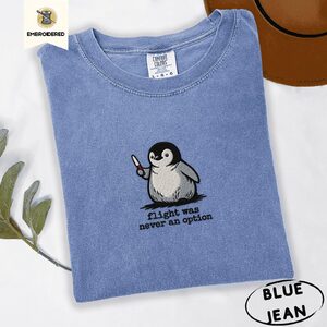Blue Jean Penguin With Knife Embroidered T-Shirt