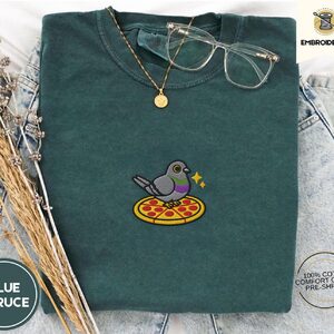 Blue Spruce Pigeon Pizza Embroidered T-Shirt