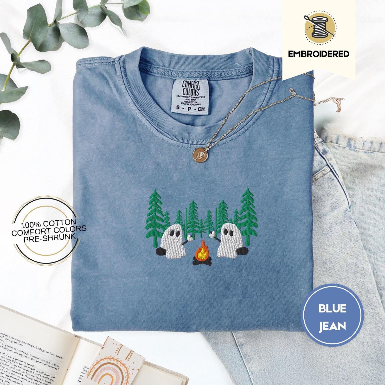 Blue Jean Pine Forest Ghost Duo Embroidered T-Shirt