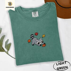 Light Green Playful Autumn Raccoon Embroidered T-Shirt