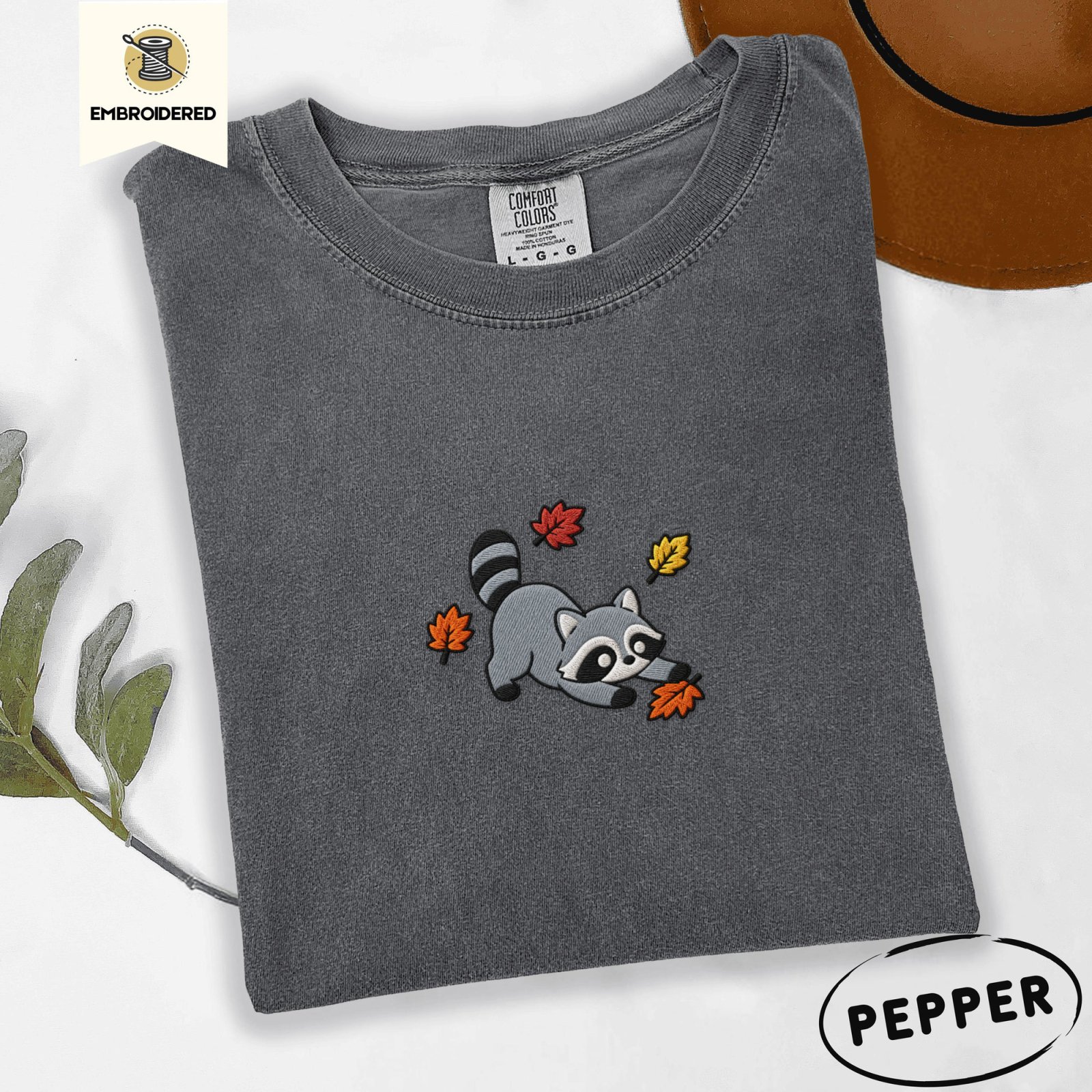 Pepper Playful Autumn Raccoon Embroidered T-Shirt