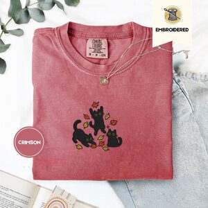 Crimson Playful Cat Trio Embroidered T-Shirt
