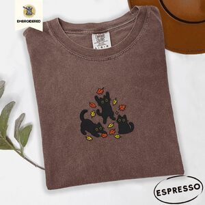 Espresso Playful Cat Trio Embroidered T-Shirt