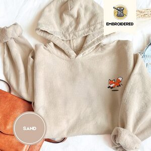 Sand Playful Foxes Embroidered Hoodie