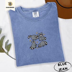 Blue Jean Playful Raccoons Embroidered T-Shirt