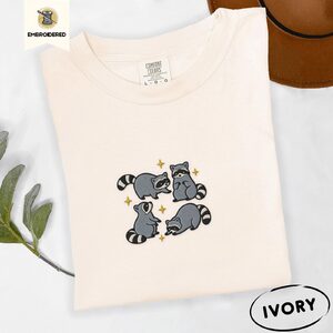 Ivory Playful Raccoons Embroidered T-Shirt